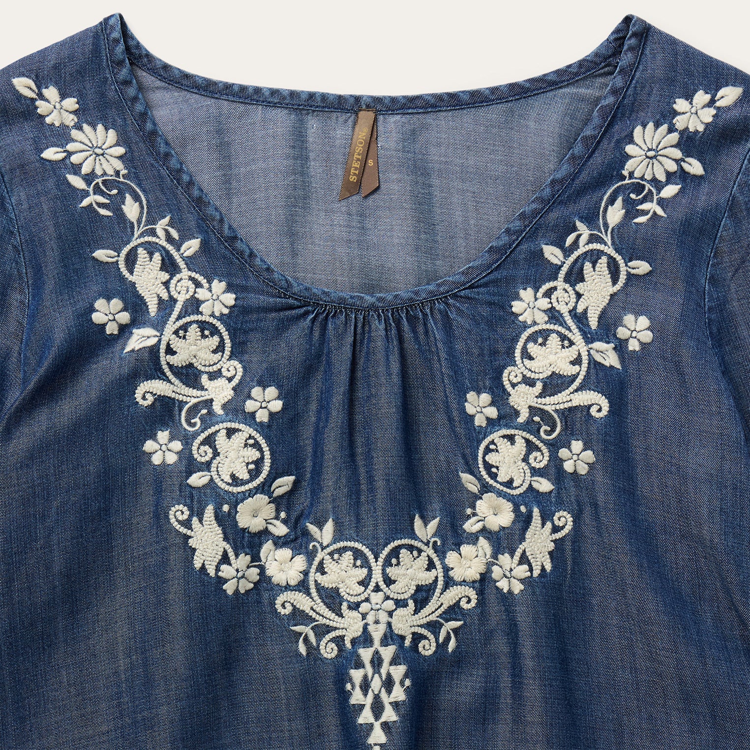 Embroidered Denim Peasant Blouse Blue | Stetson
