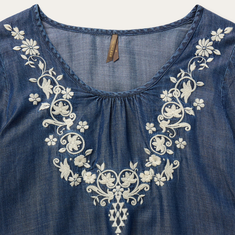 Embroidered Denim Peasant Blouse Blue | Stetson