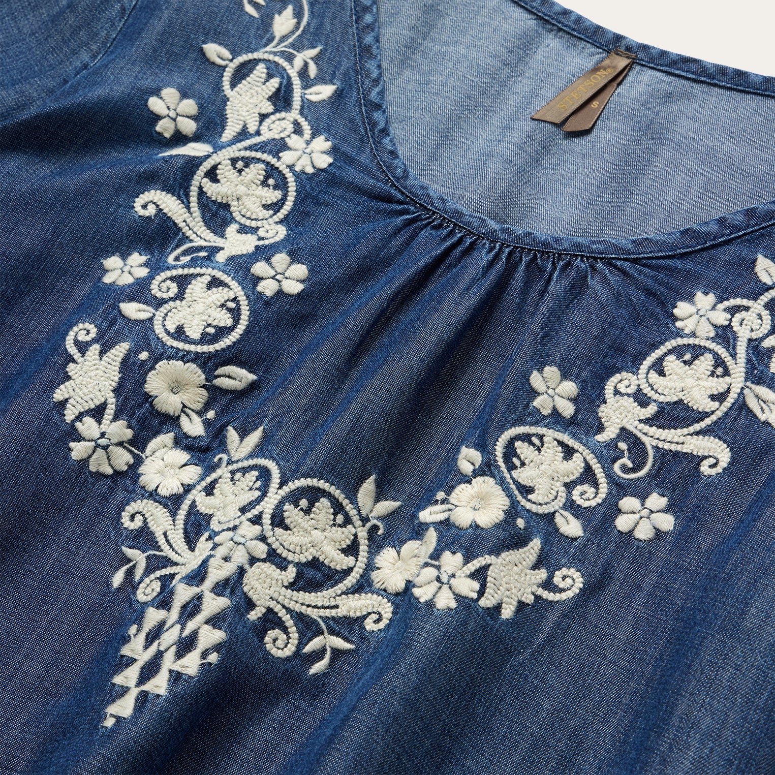 Embroidered Denim Peasant Blouse Blue | Stetson