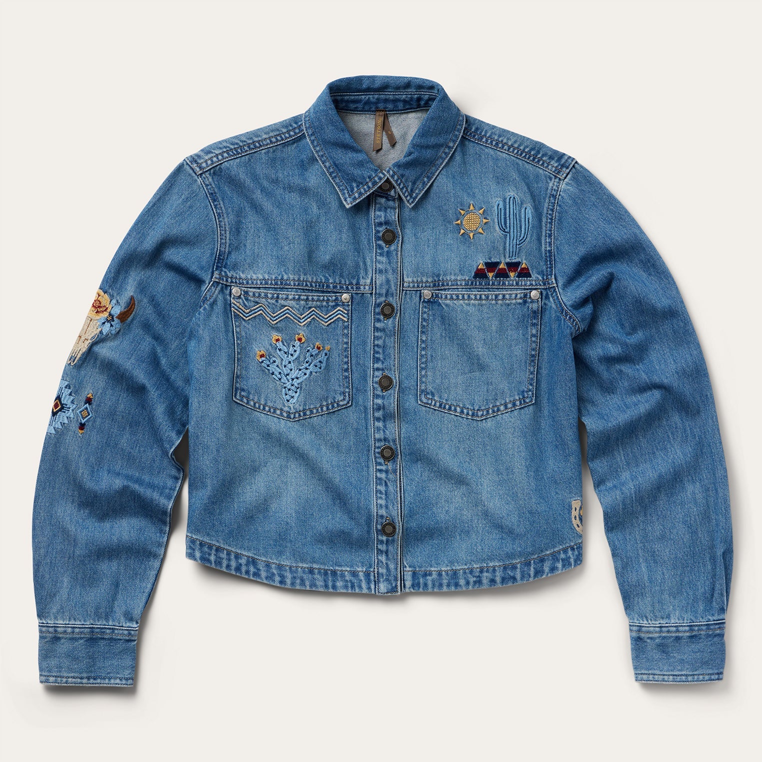 Embroidered Denim Button-Up Cropped Shirt Blue | Stetson