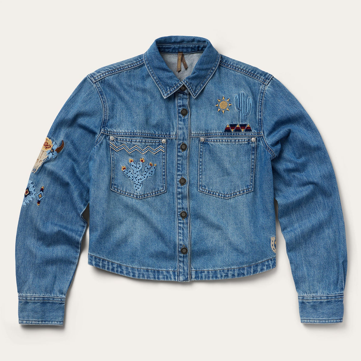 Embroidered Denim Button-Up Cropped Shirt Blue | Stetson