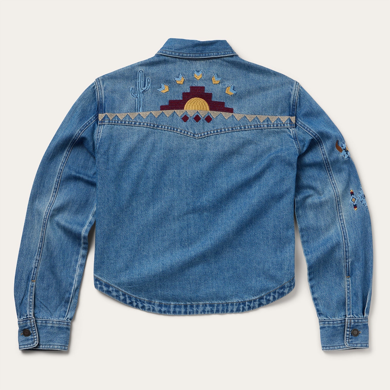 Embroidered Denim Button-Up Cropped Shirt Blue | Stetson