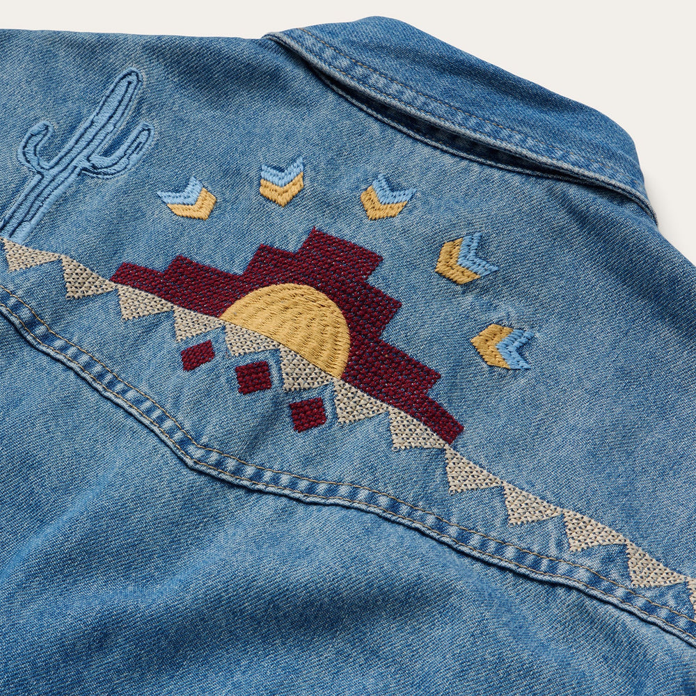 Embroidered Denim Button-Up Cropped Shirt Blue | Stetson