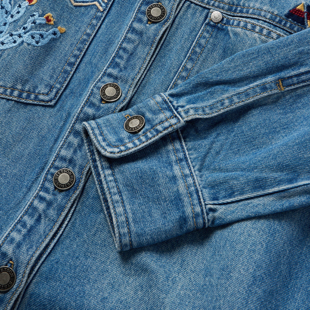 Embroidered Denim Button-Up Cropped Shirt Blue | Stetson