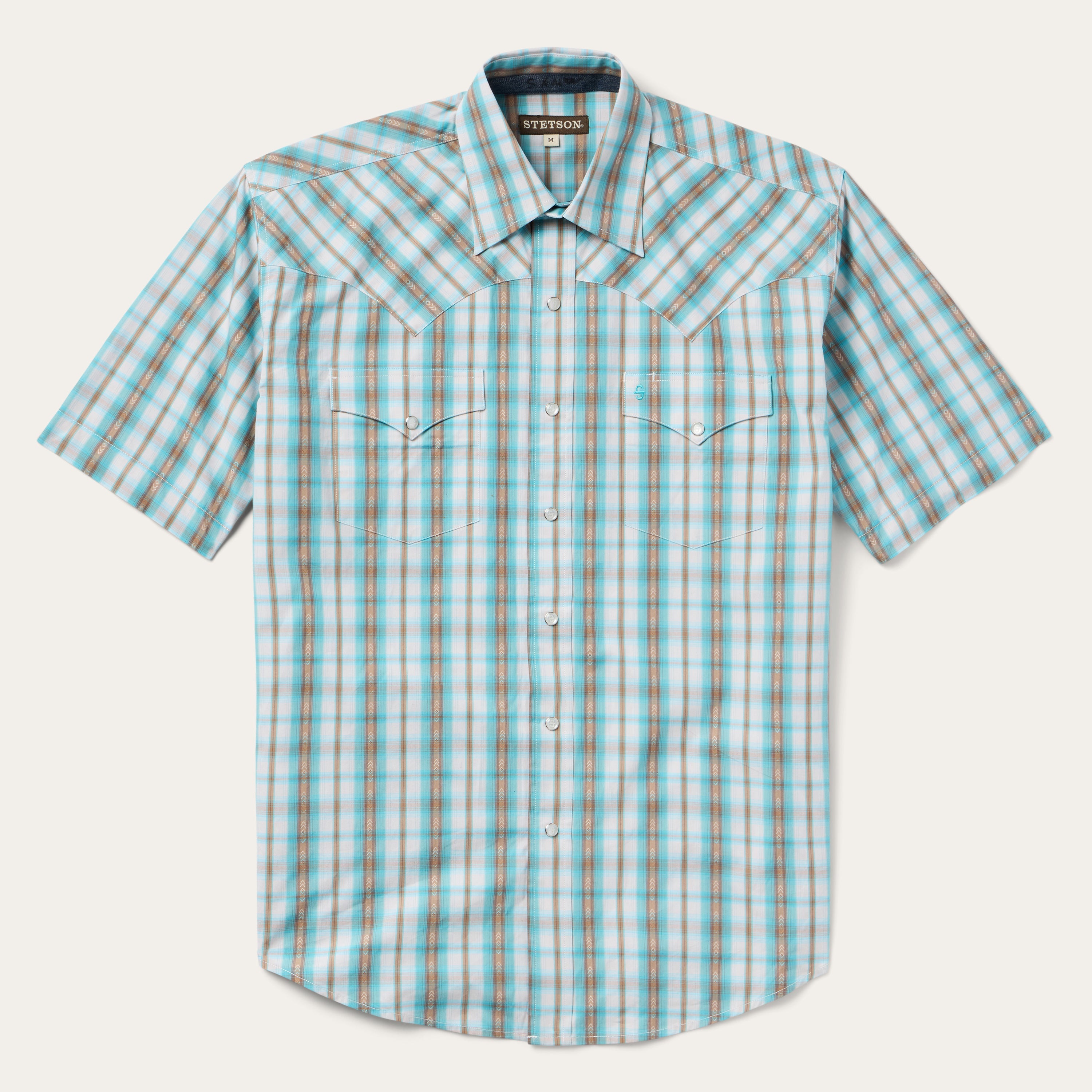 Turquoise Plaid Short-Sleeve Western Shirt Green | Stetson