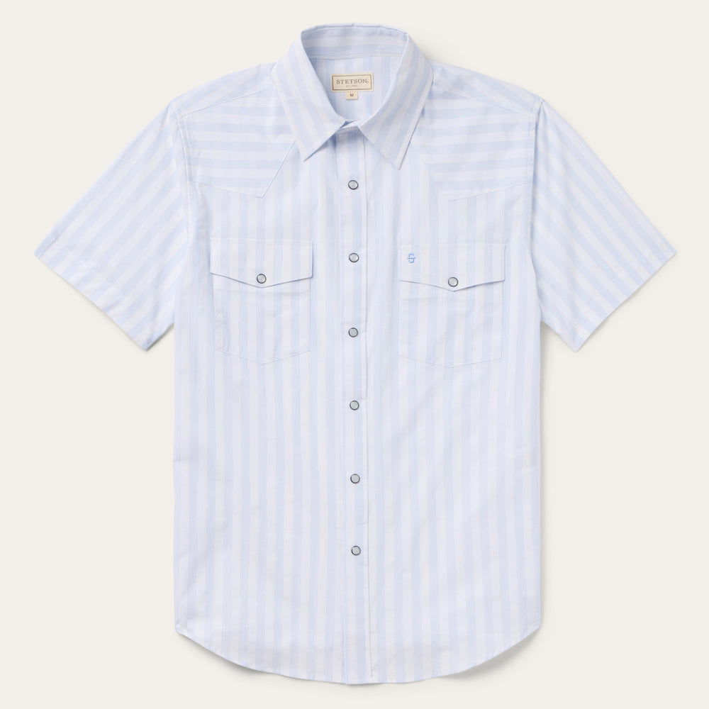 Stripe Oxford Short Sleeve Western Shirt White W/ Blue Stripe | Stetson