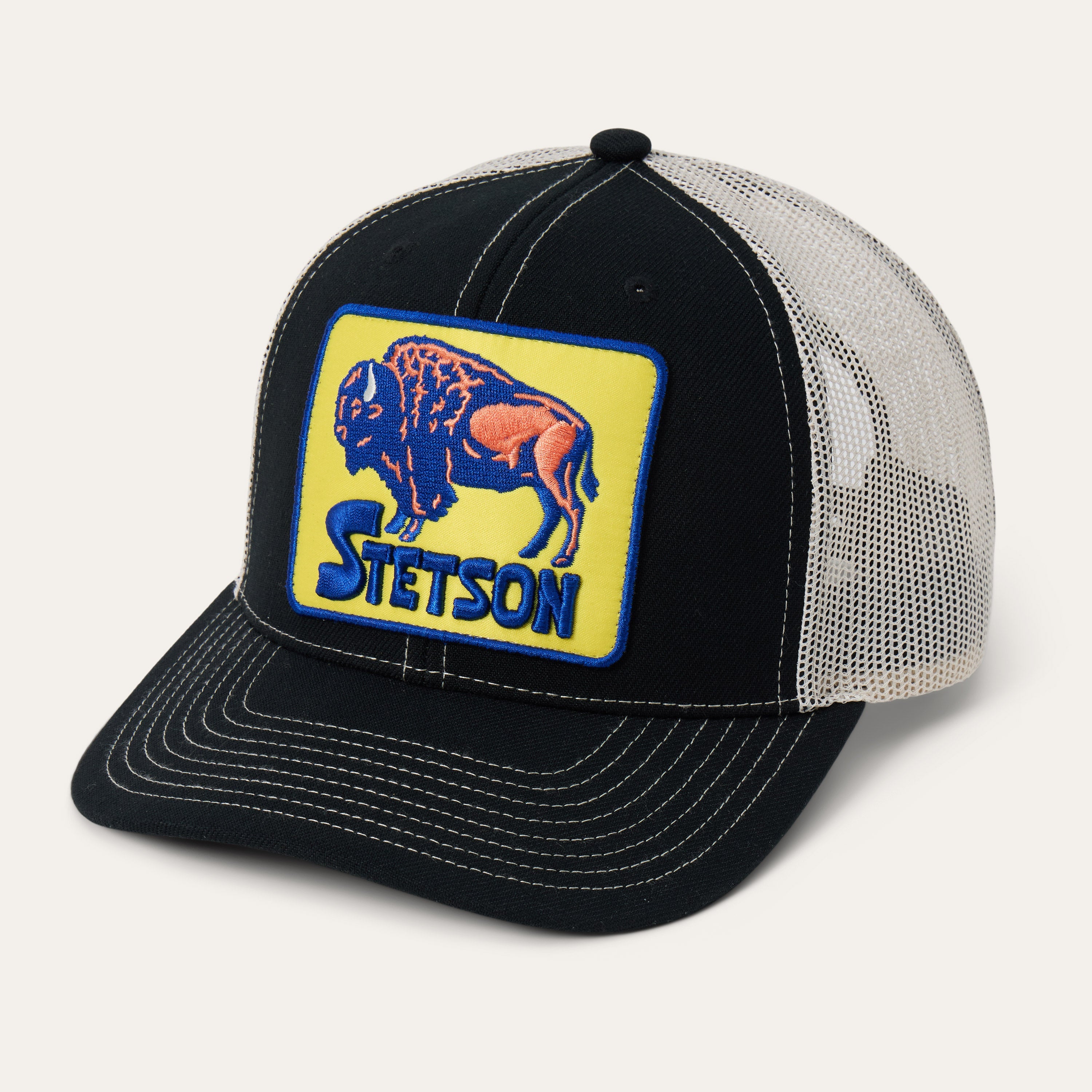 Bison Patch High Crown Trucker Hat Black | Stetson