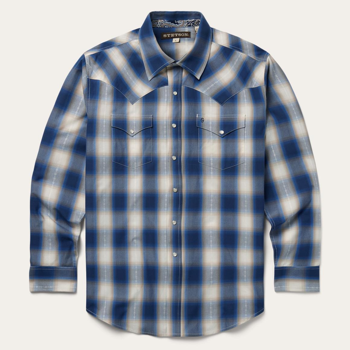 Blue Ombre Plaid Western Shirt Blue | Men Stetson Western Shirts