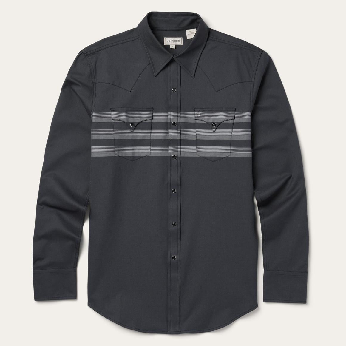 Border Stripe Twill Western Shirt Black | Men Stetson Modern Cut