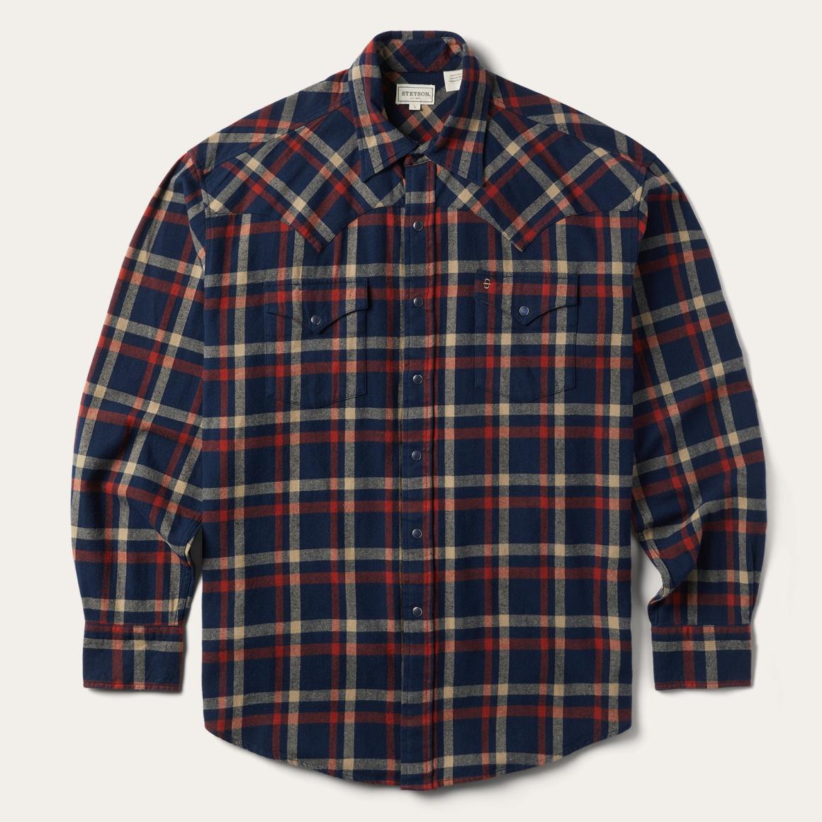 Brushed Twill Plaid Shirt Blue | Men Stetson Flannel Shirts