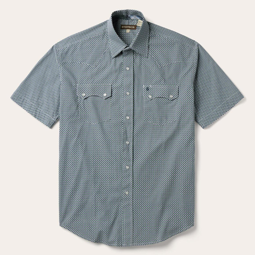 Circle Diamond Print Short Sleeve Western Shirt Green | Men Stetson Classic Cut