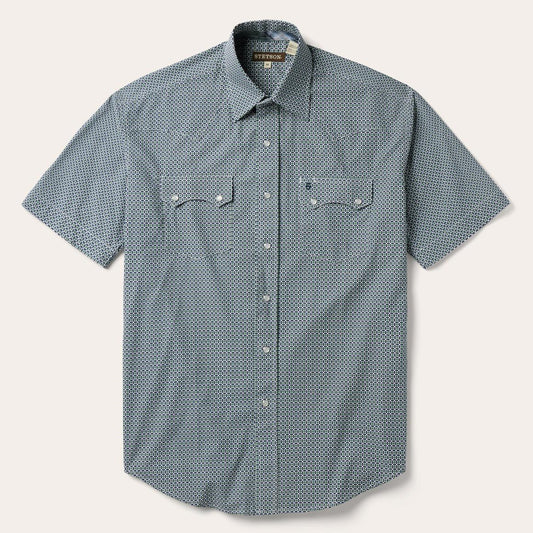 Circle Diamond Print Short Sleeve Western Shirt Green | Men Stetson Classic Cut