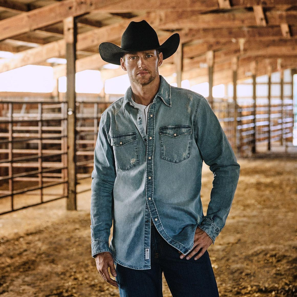 Distressed Denim Western Shirt Blue | Men Stetson Denim Shirts