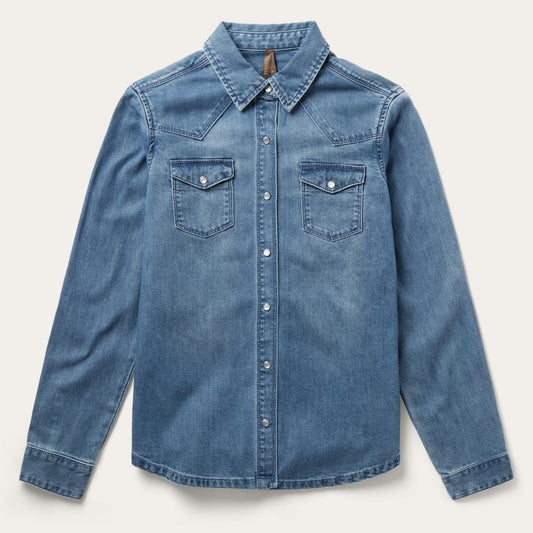 Embroidered Boyfriend Fit Denim Shirt Blue | Women Stetson Denim Shirts