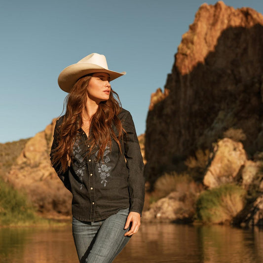 Embroidered Dark Denim Snap Front Shirt Blue | Women Stetson Denim Shirts