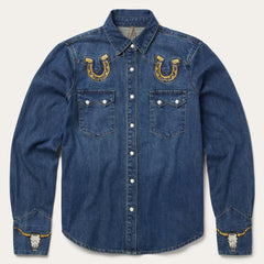 Embroidered Dark Denim Western Shirt Blue | Women Stetson Western Shirts