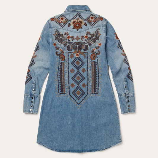Floral Embroidered Denim Shirt Dress Blue | Women Stetson Shirt Dresses
