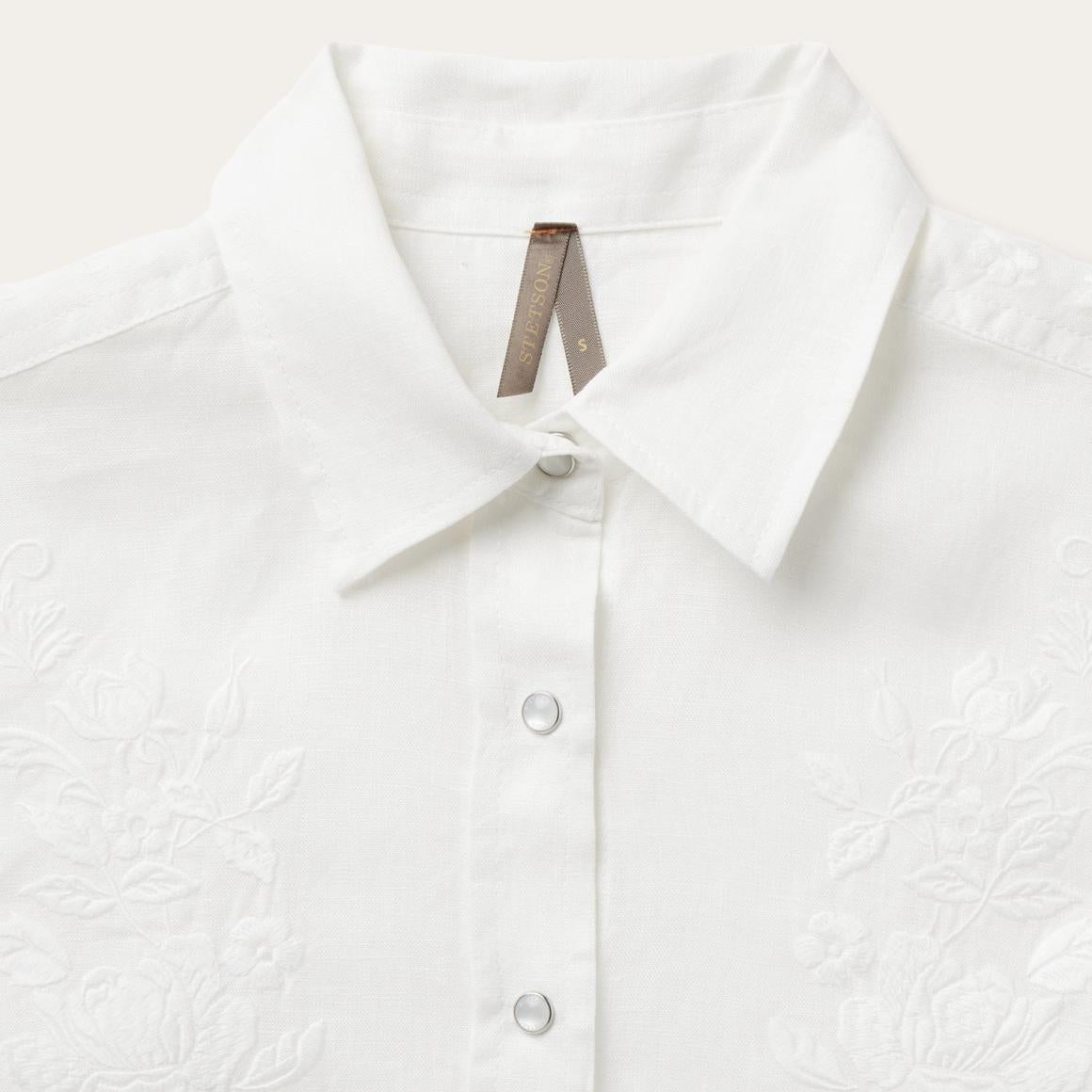 Floral Embroidered White Linen Shirt White | Women Stetson Western Shirts