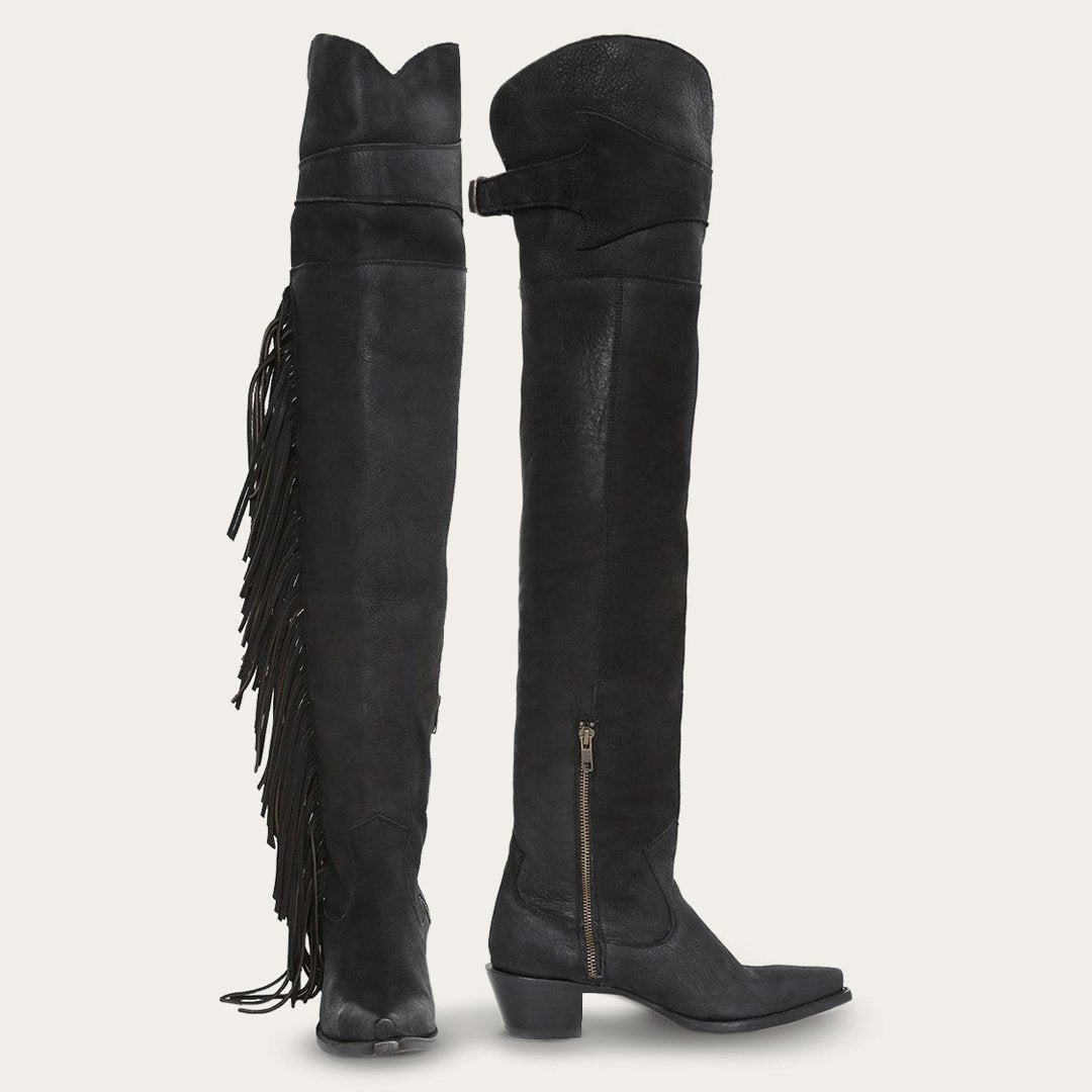 Glam Over-The-Knee Fringe Boot Black Leather | Women Stetson Western