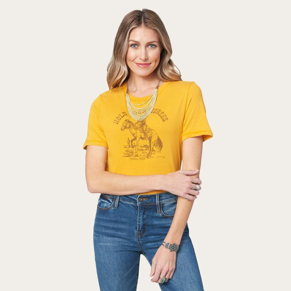 Hold Your Horses Graphic Tee Yellow | Women Stetson Tees