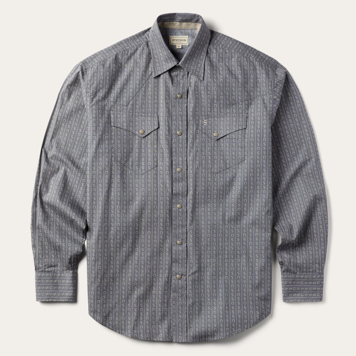 Horseshoe Stripe Print Shirt Grey | Men Stetson Western Shirts