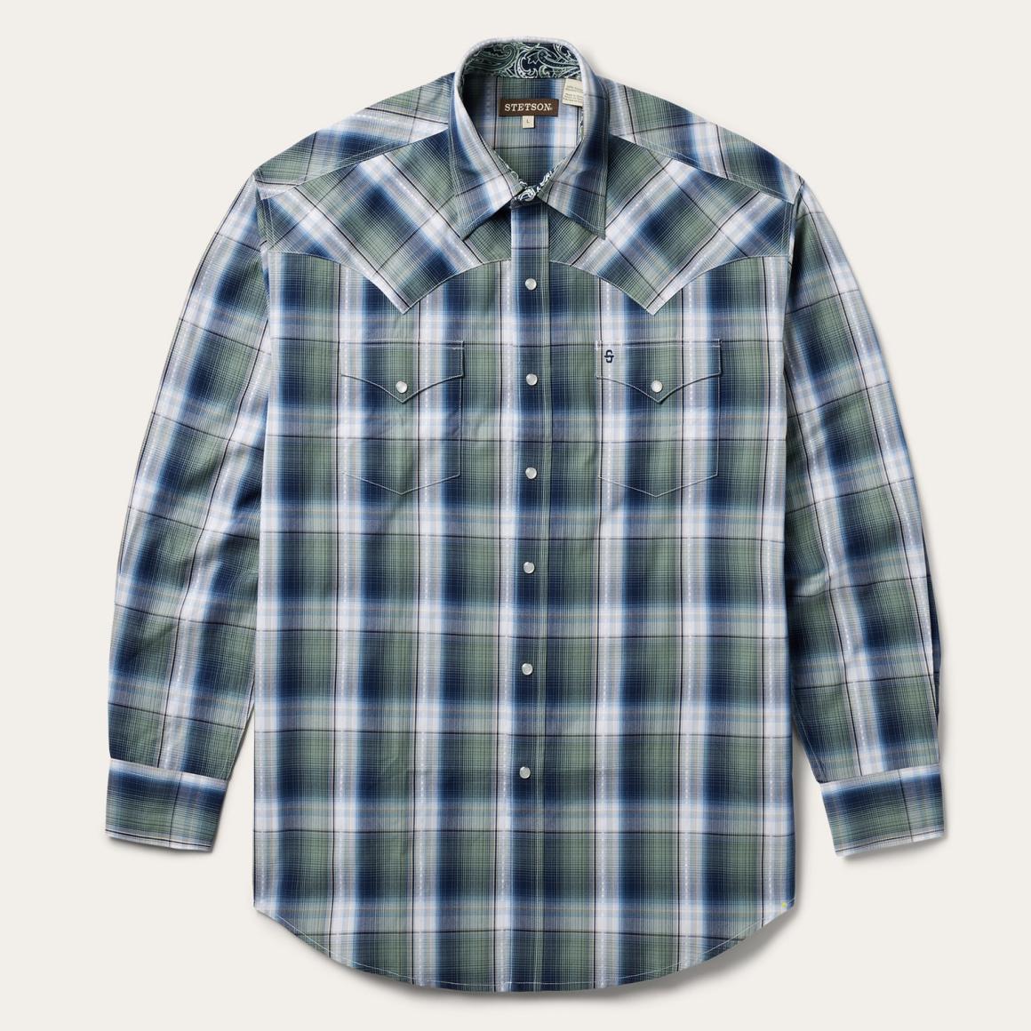 Lucky Diamond Plaid Western Shirt Green | Men Stetson Western Shirts