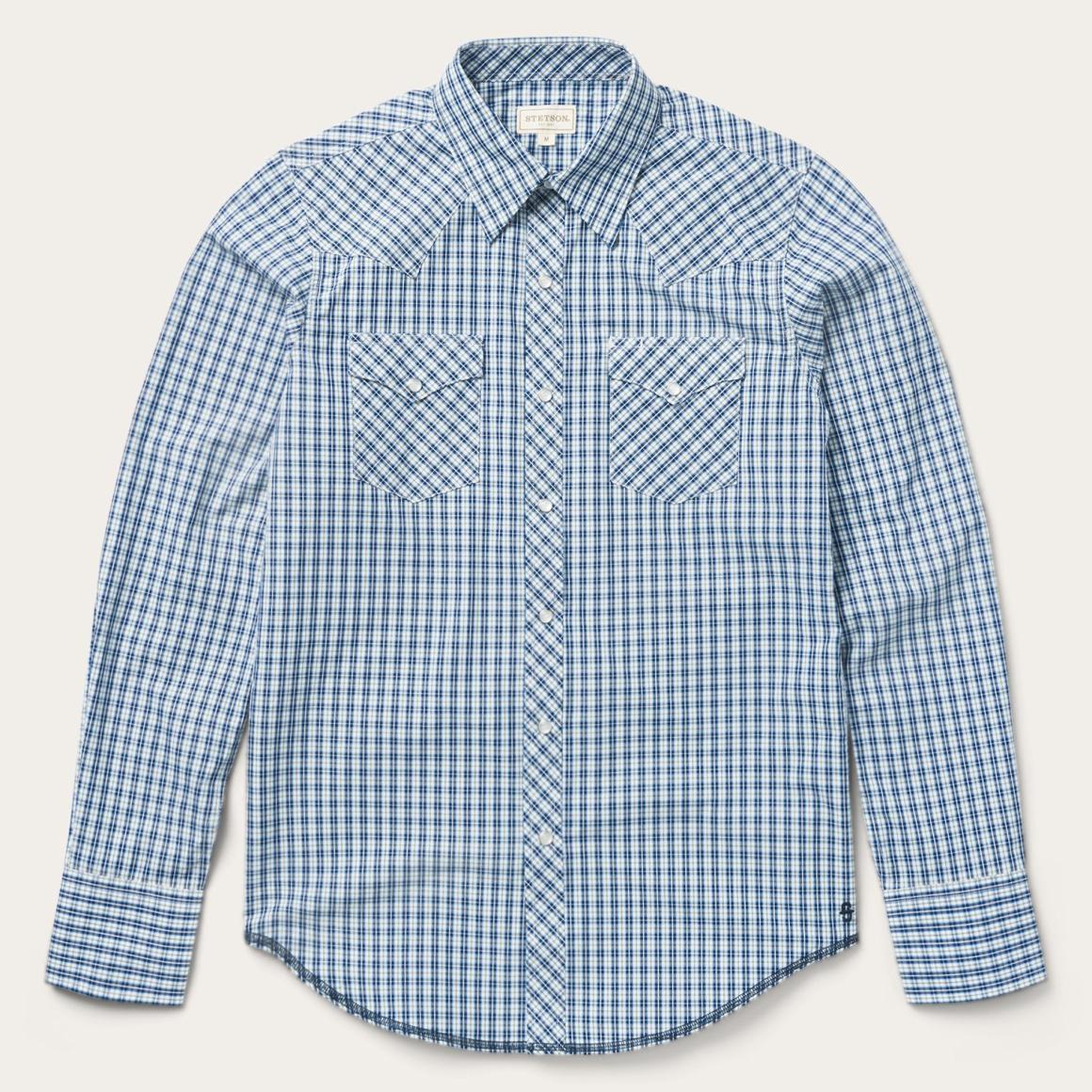 Modern Snap Front Shirt In Mini Check Blue | Men Stetson Modern Cut