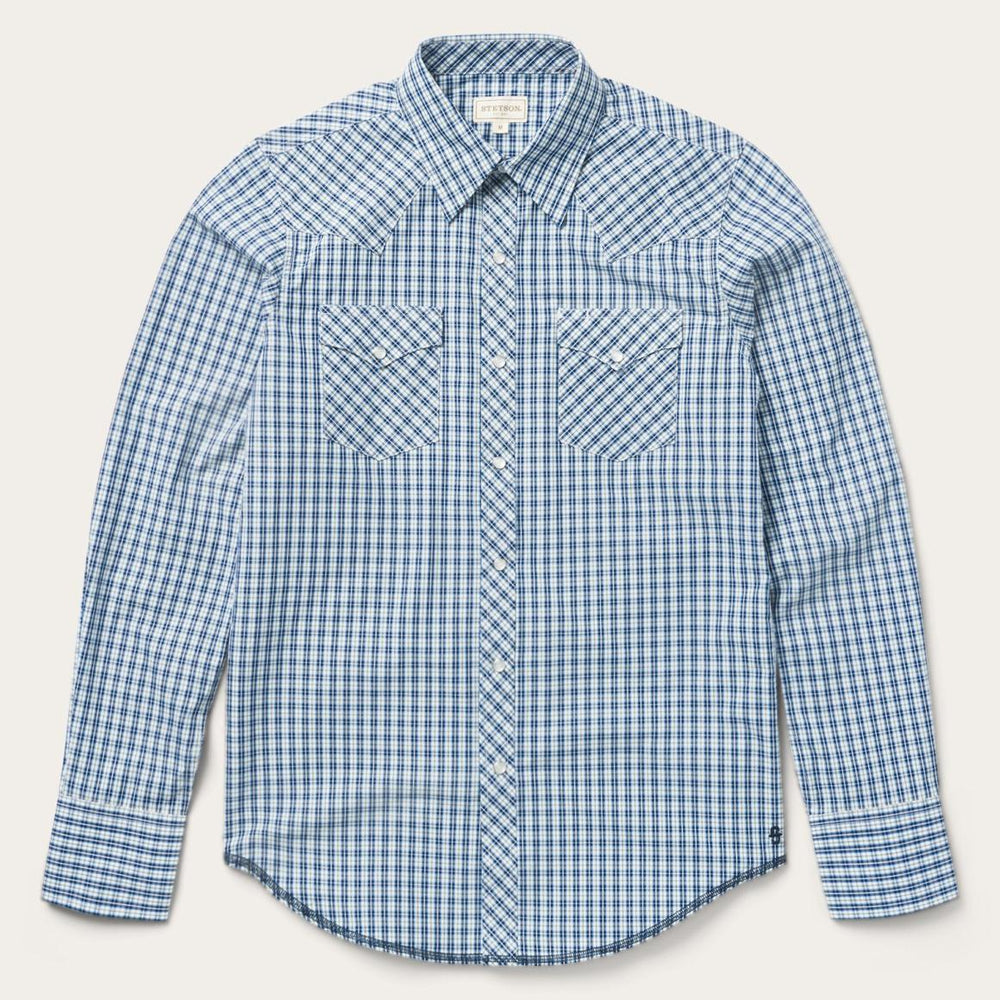 Modern Snap Front Shirt In Mini Check Blue | Men Stetson Modern Cut