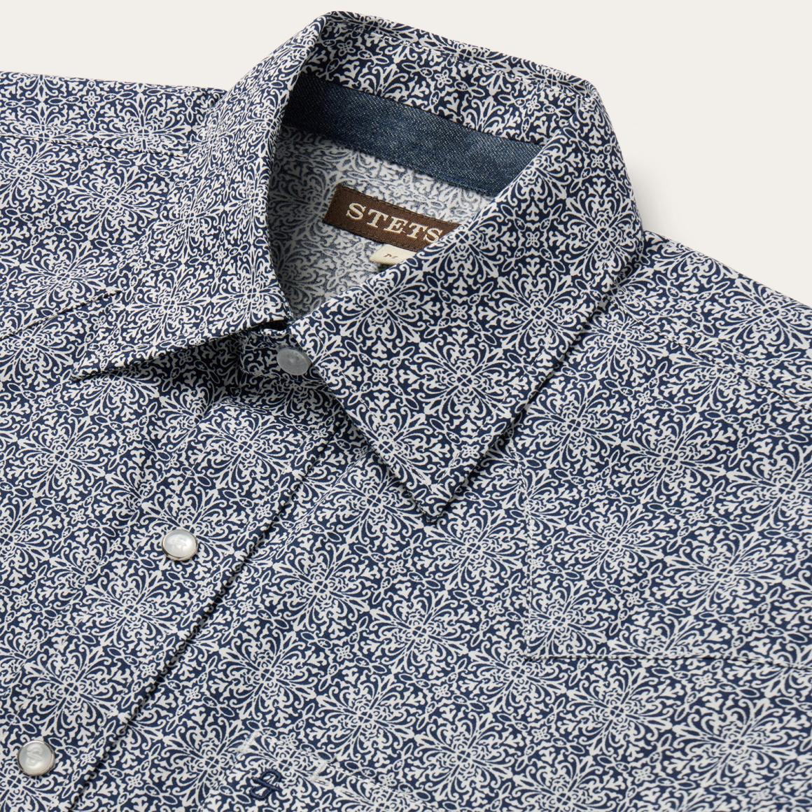 Navy Print Short Sleeve Western Shirt Blue | Men Stetson Classic Cut