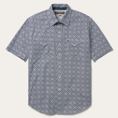 Navy Print Short Sleeve Western Shirt Blue | Men Stetson Classic Cut