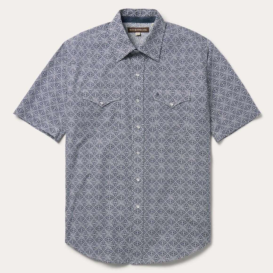 Navy Print Short Sleeve Western Shirt Blue | Men Stetson Western Shirts