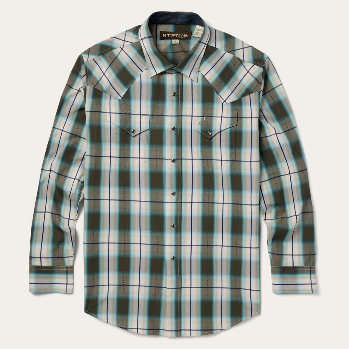 Olive Ombre Plaid Western Shirt Green | Men Stetson Classic Cut