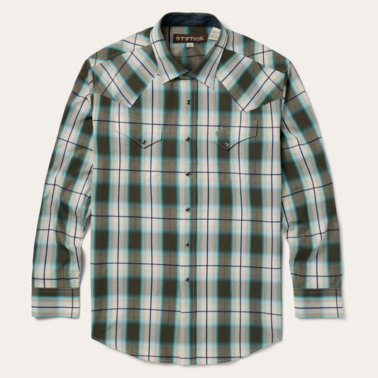 Olive Ombre Plaid Western Shirt Green | Men Stetson Western Shirts