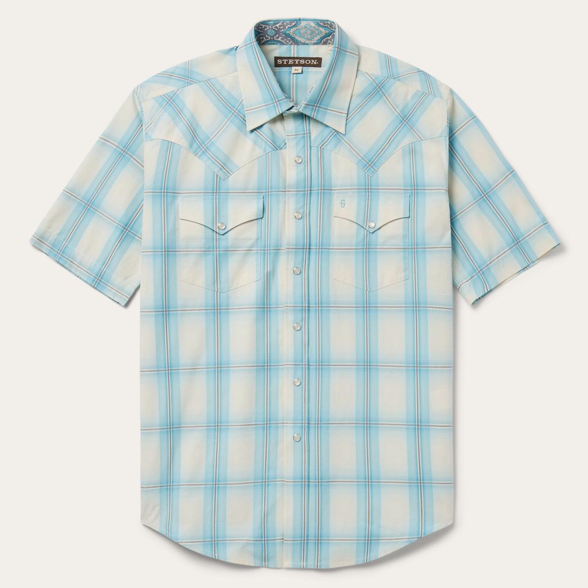 Ombre Plaid Short Sleeve Western Shirt Blue | Men Stetson Western Shirts
