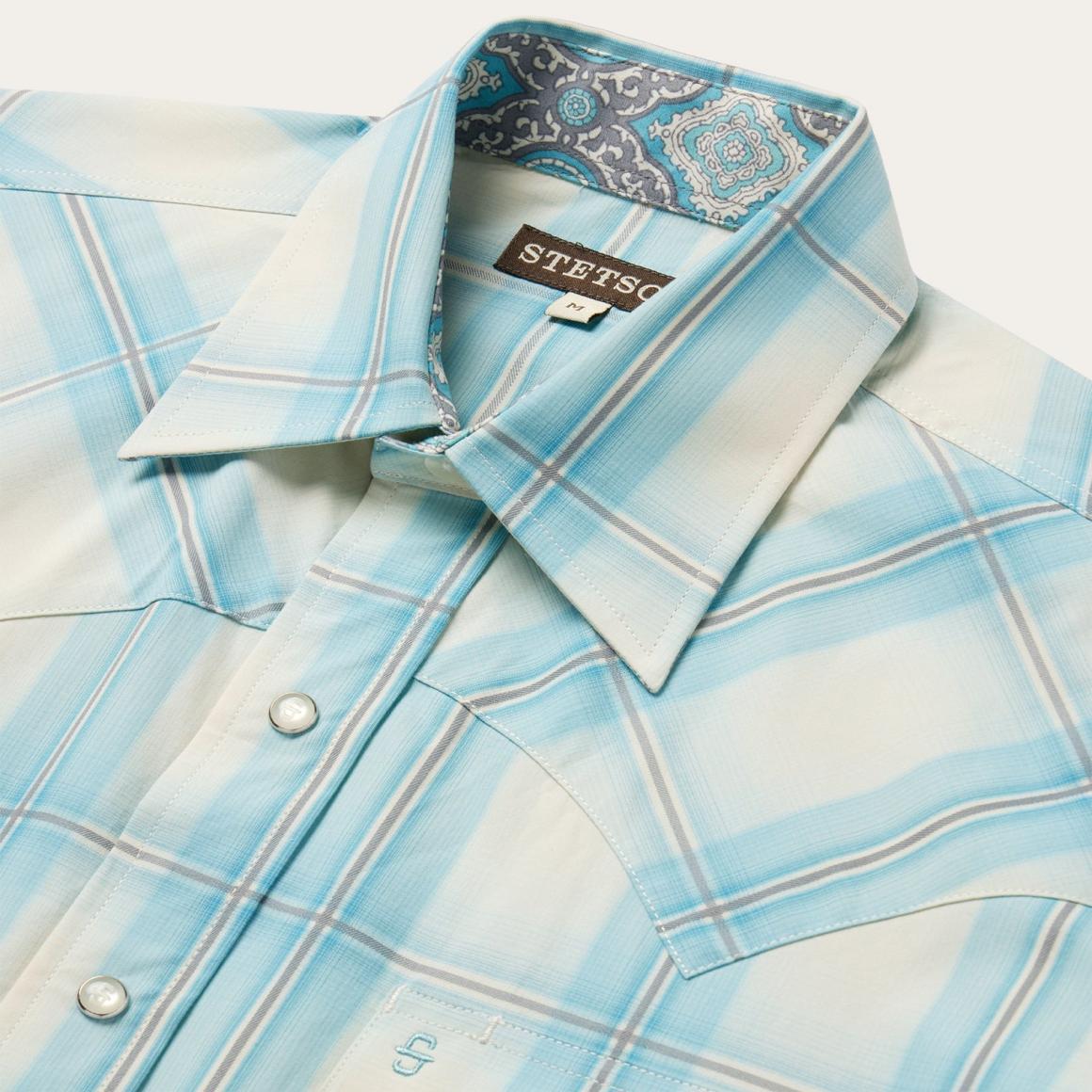 Ombre Plaid Short Sleeve Western Shirt Blue | Men Stetson Western Shirts