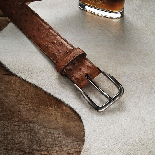 Ostrich Western Tab Belt - 1 1/4&quot; Width Antique Cognac | Men Stetson Belts