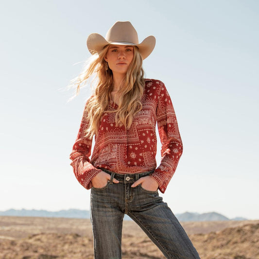 Red Bandana Patchwork Blouse Red | Women Stetson Blouses