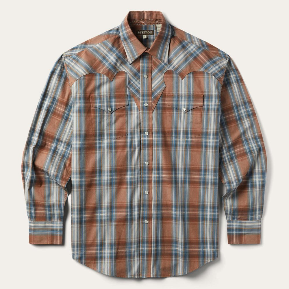 Rustic Plaid Western Shirt Brown | Men Stetson Western Shirts