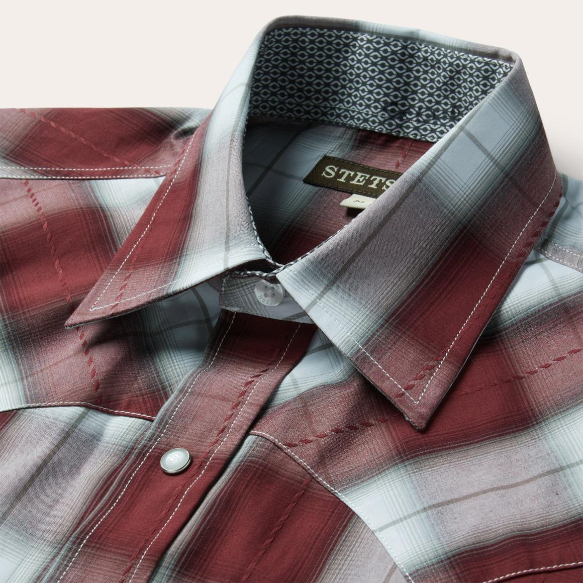 Shadow Plaid Short Sleeve Western Shirt Wine | Men Stetson Classic Cut