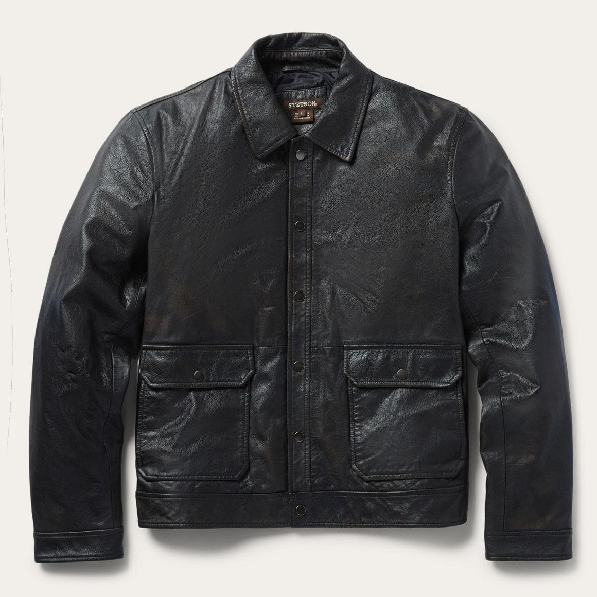 Snap Front Leather Jacket Brown | Men Stetson Jackets