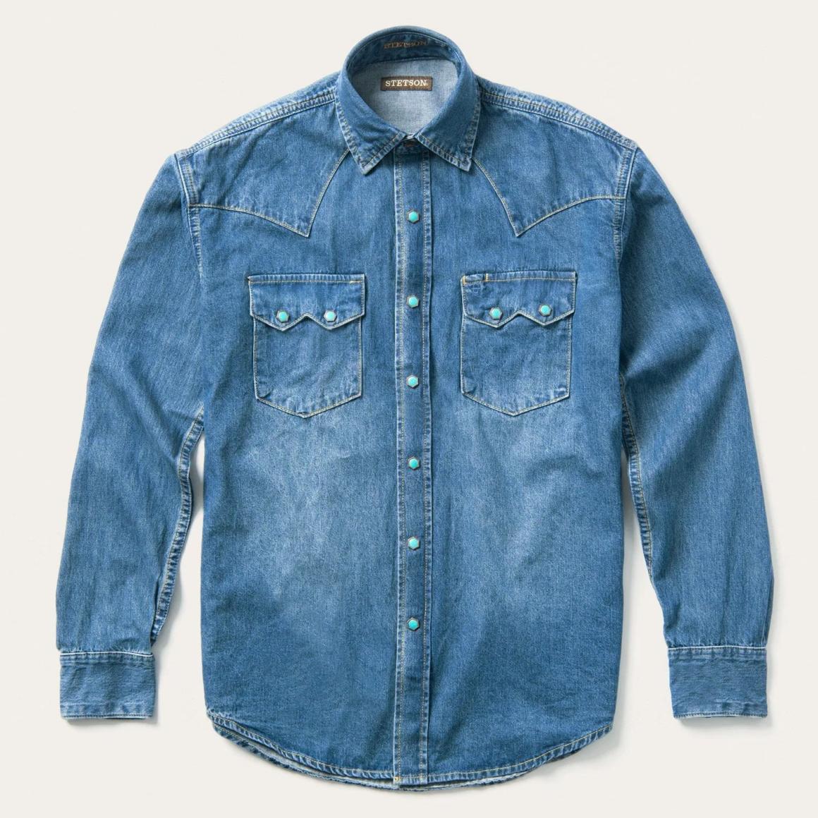 Turquoise Snap Western Denim Shirt Blue | Men Stetson Classic Cut