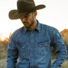 Turquoise Snap Western Denim Shirt Blue | Men Stetson Denim Shirts