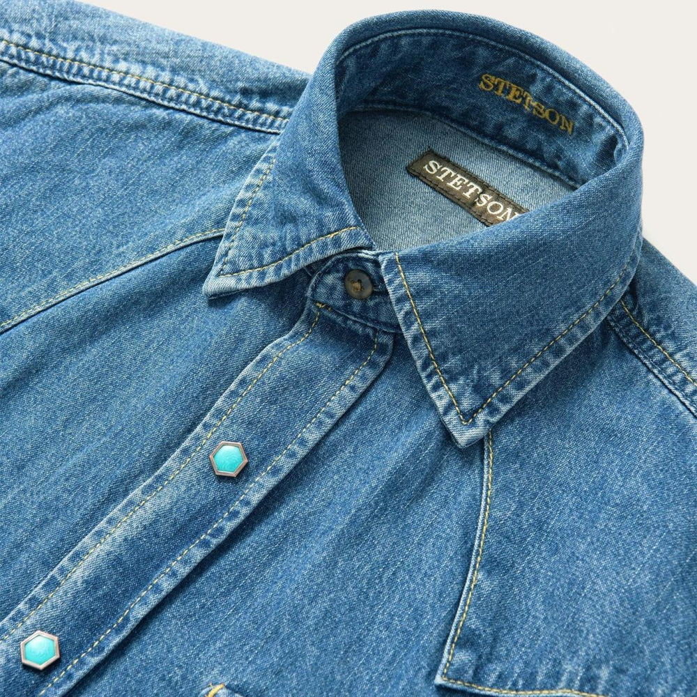 Turquoise Snap Western Denim Shirt Blue | Men Stetson Denim Shirts